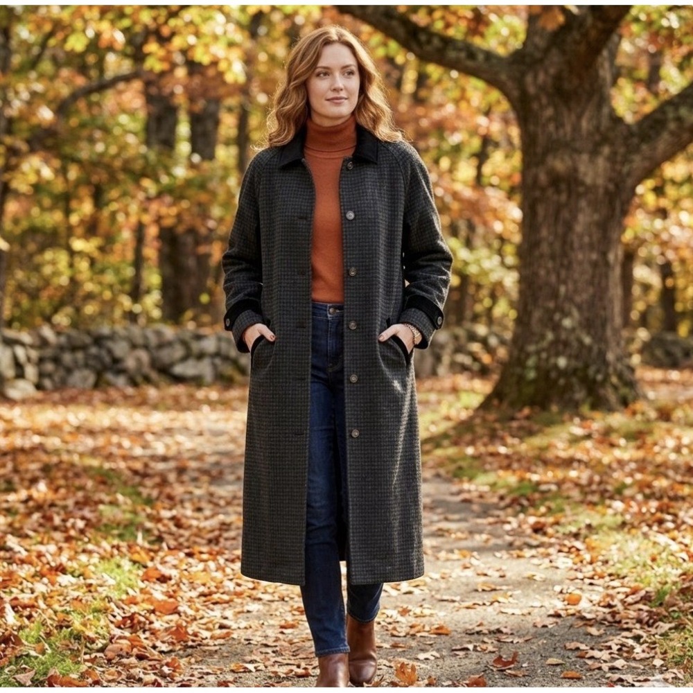 LL Bean VTG Long Wool Over Coat Women's Large Suede Leather Trim Houndstooth